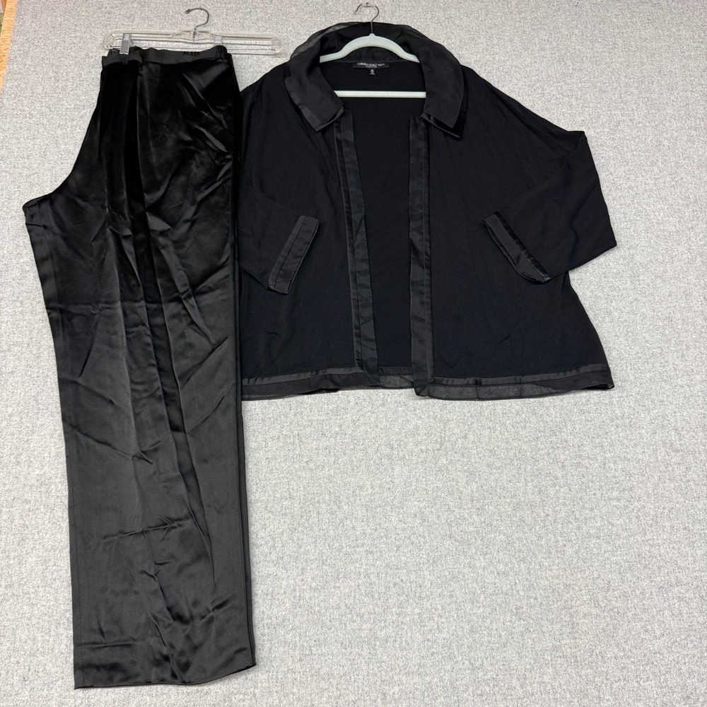 Carmen Marc Valvo Set 3X 18W Black Satin Trim Cardigan Wide Leg Pants Evening